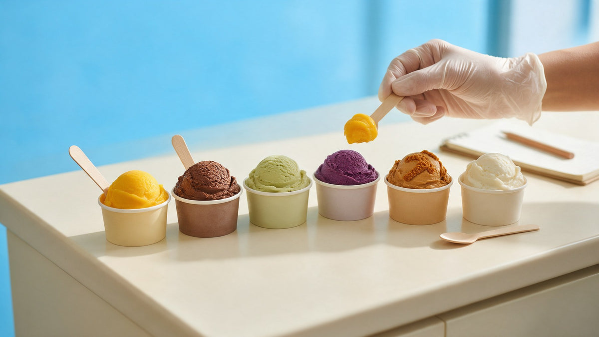 Gelato tasting flight with six flavours and wooden spoons
